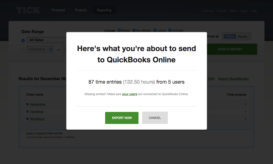 QuickBooks Export Confirm